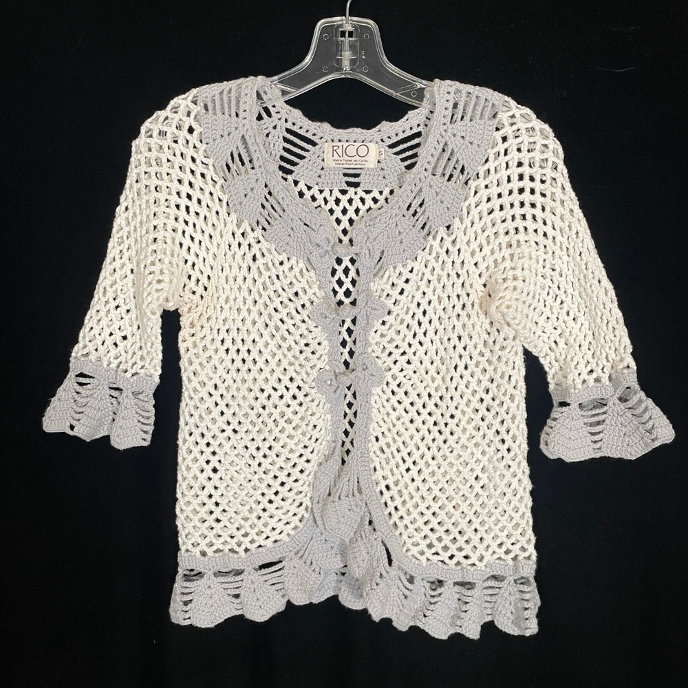 RICO‎ Crochet Cardigan Top White Grey Cotton Open Knit Fishnet Scalloped Small